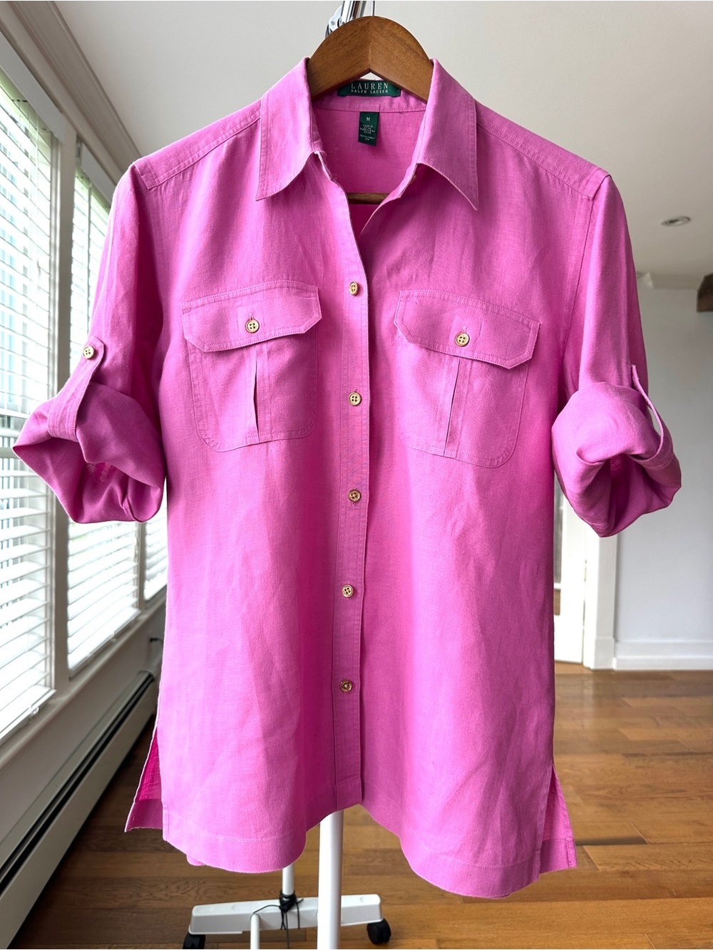 Lauren Ralph Lauren Pink Utility Button-Up Shirt, Roll Tab Sleeves, π― Linen - Picture 3 of 13